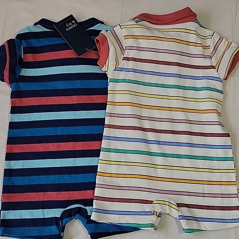 Crown & Ivy Baby Boys 12M Striped Polo Romper 2-Pack Blue Rose TCBM065‎ NEW